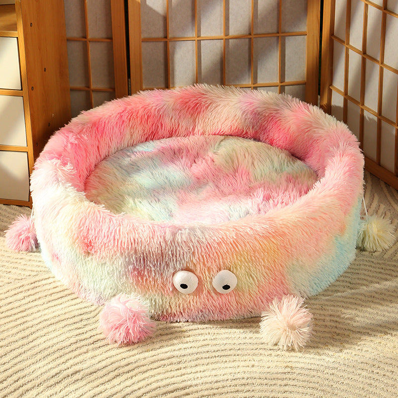 Winter Warm Plush Round Pet Bed With Cute Design